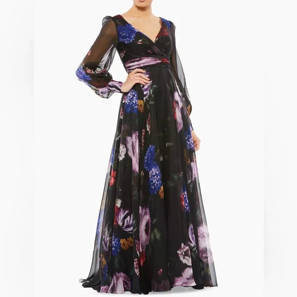Mac Duggal Long Sleeve Floral Chiffon Gown, NWT, Current 2025 Season, Saks $600 - Picture 1 of 5
